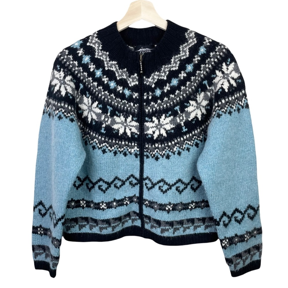 Vintage Y2k Jacket Small Wool Angora Fair Isle Icelandic Design Blue Nordic